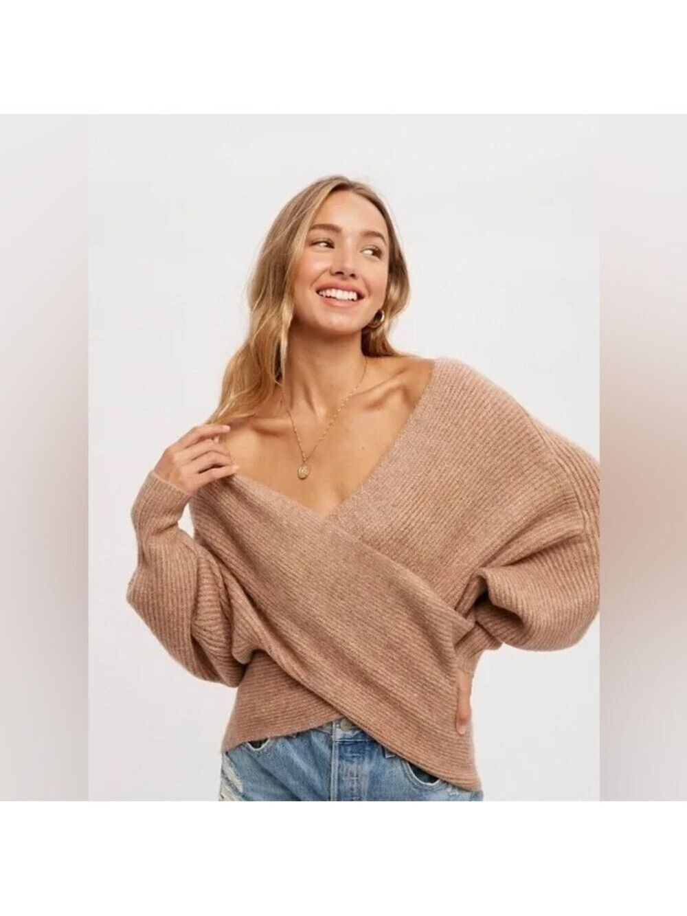 CLEAR OUT!!! Crossover Ribbed Pullover- Latte - Picture 2 of 11